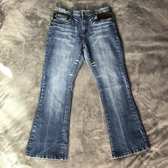 VTG Y2K Butterfly Embroidered Studded High Rise Flare Jeans Sz 14 Hippie Boho - Picture 3 of 12